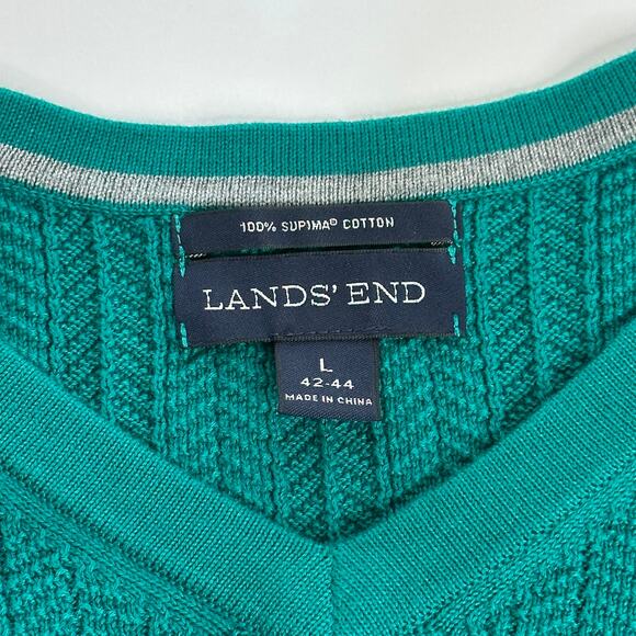 Lands End Green V-Neck Cotton Herringbone Knit Sweater Mens Size Large L 42-44 - Picture 5 of 7